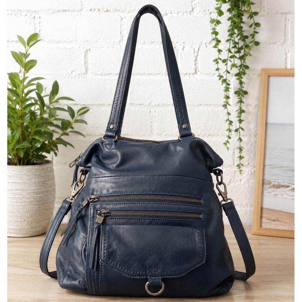 The Sak Blue Genuine Leather Multi Pocket Shoulder Foldover Bag Purse